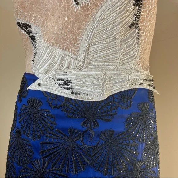 Emilio Pucci Blush Lace Beaded Bird Sleeveless Blue Scallop Shell Dress size 14 - Picture 7 of 15